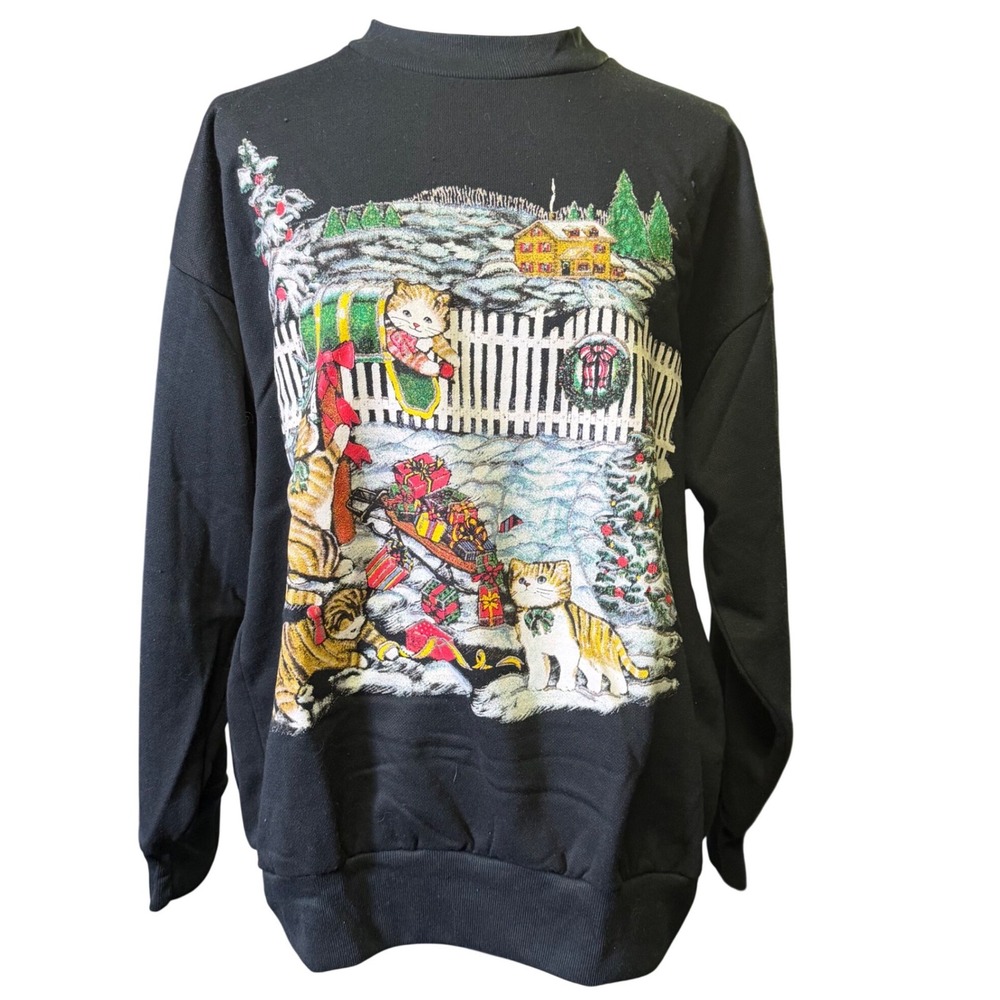 Nutcracker Christmas Sweatshirt Womens L/XL Black Good Kittens Festive USA